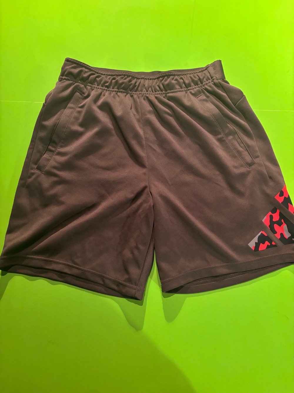 adidas Men's Brown Athletic Shorts with Red Camo Logo